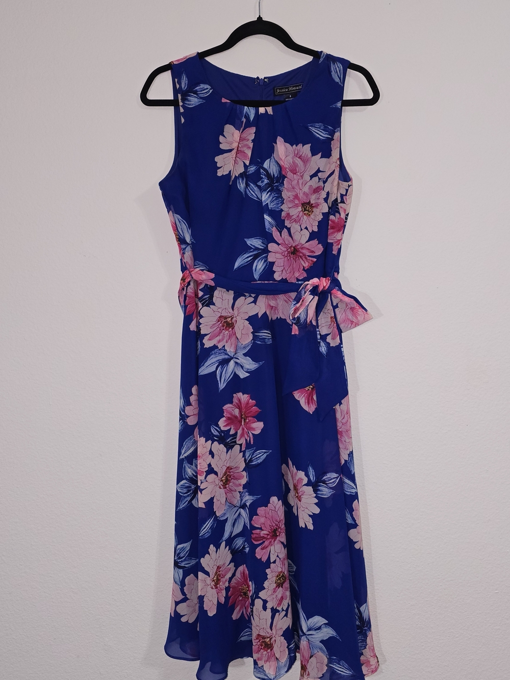 Jessica Howard Royal Blue Sleeveless Floral Midi Dress with Pink Flowers